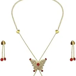 accessher Women's & Girls Gold-Tone Red Stone Sparkling American Diamond Butterfly Pendant Necklace Set with Earrings, Latest Stylish Jewellery Set for Gifting-picture-25