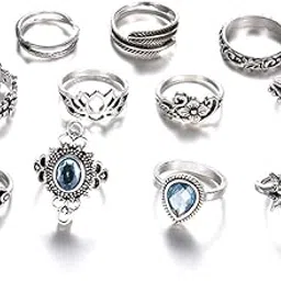 fashion frill Elegant Stackable Finger Ring For Girls Stackable Boho Midi Finger Ring Silver Plated Free Size Floral Silver Ring Set Ring For Women Girls Women's Jewellery Rings Combo-picture-36