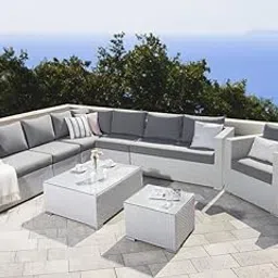 DEVOKO 7-Piece L-Shaped Outdoor Sectional Sofa Set Manual Wicker Weaving, White Sofa & Grey Cushions, Ideal for Porch, Lawn, Garden, Backyard-image-31