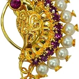 FASHION Gold Plated Maharashtrian Marathi Cilp On Without Piercing Peacock Nath Pearl Nathiya Nathni Pressing Nose Rings for Women & Girls-image-36