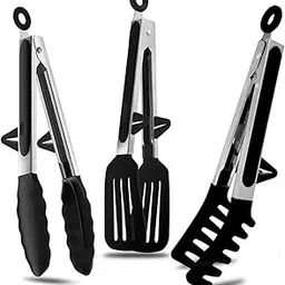 Agabani 3 Pack Black Silicone Kitchen Cooking Tongs Set, Stainless Steel Nonstick Food Tong with BPA Free Silicone Tips for Serving Pasta Spaghetti Steak Pie Pizza Salad Vegetable Fruit Grilling BBQ-image-3