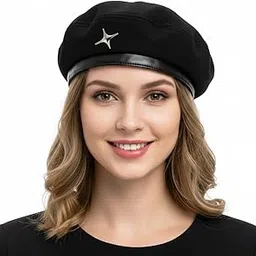 sannidhi Women Black Wool Felt Beret Classic Retro Winter Hat with Silver Star Accent, Stylish Warm Hat-picture-13