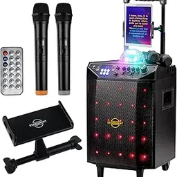 Starument Portable Karaoke Machine for Adults & Kids Complete Karaoke System Includes Bluetooth Speakers on Wheels, 2 Bluetooth Microphones, Disco Ball, LED Speaker Light, Cell Phone Stand & USB Aux-picture-23