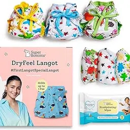 SuperBottoms Dry Feel Langot and and XtraHydrating™ Wipes-72 Pack | Pack of 6 Organic Cotton Padded Langot/Nappy with Gentle Elastics & a SuperDryFeel Layer on top - Large (Fits 5-10 kg)-picture-33
