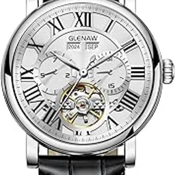 glenaw Men's Automatic Tourbillon Vintage Watch - Brown Leather Strap, Skeleton Roman Dial, Day-Date Calendar, 30 ATM Waterproof, Luminous Hands - Classic & Fashion Watch for Men, 8970-Black Band,-picture-53