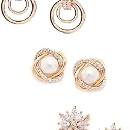 zaveri pearls Combo of 3 Rose Gold Cubic Zirconia & Pearls Brass Stud & Drop Earring For Women-ZPFK10858-picture-22