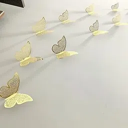 AMFIN Paper (Pack of 12) Butterfly Decoration/Butterfly Decoration Self-Adhesive Items for Wall/Butterfly Stickers/Butterfly Decoration Birthday - Gold-image-57