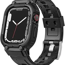 Compatible with Apple Watch 45mm/44mm Watch Band with Case Bumper Band Adjustable Waterproof TPU Watch Strap for Apple Watch SE/4/5/6/7, for Men and Women, Black-picture-27