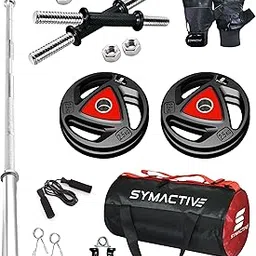 Amazon Brand - Symactive Professional Home Gym Set with Rubber Coated Metal Plates, Gloves, Hand Grip, Skipping Rope and Gym Bag, 10 Kg, Combo9-picture-30