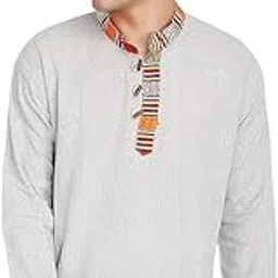 cigain Men's Summer Fashion Khadi Cotton Ethnic Shirt-Short Kurta with Striped Collar Trim, Long Sleeve Casual Ethnic Wear-picture-38
