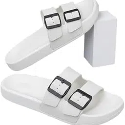 Double Buckle Slide Sandals, White, Adjustable Straps, Textured Footbed-picture-44