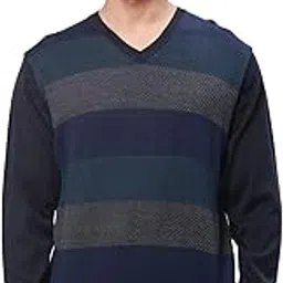 park avenue Men's Regular Fit Acrylic Wool Blend Full Sleeve V Neck Stripe Pattern Fancy Blue Casual Sweater-picture-13