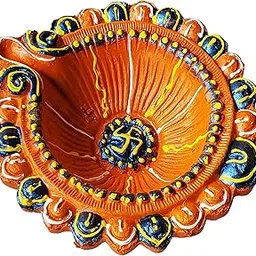Pure Source India Hand Made Clay Swastik Diya, Diwali Decoration Diva, Big Size Deepak, 1 Piece, Multicolor-picture-41