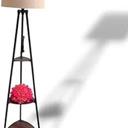 Desire Arts |Modern Floor Lamp with Storage Shelves, Tripod Design with Linen Shade, Black Metal Frame with Wooden Shelves-picture-23