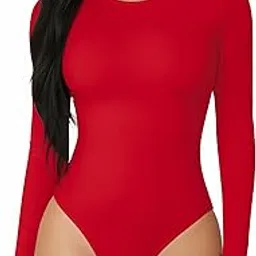 mangopop Women's Round Neck Short Sleeve/Long Sleeve Tops T Shirt Bodysuit (Long Sleeve (Red), XX-Large)-picture-22