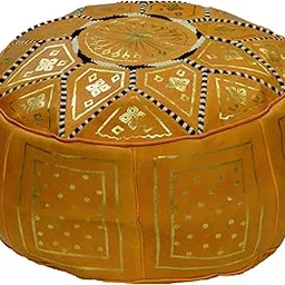 Treasures Of Morocco Moroccan Pouf Hand Made 100% Leather Ottoman Comfortable Round Design Foot Stool Orange-image-99