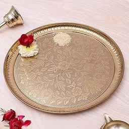Two Moustaches 12 Inches Flowers Carved Brass Puja Thali, Pooja Aarti Thali for Home Temple, Brass Pooja Plate, Gifts for Puja Ceremony, Golden, Pack of 1-picture-13