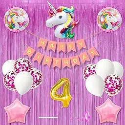 4th Unicorn Theme Happy Birthday Banner Decoration Kit Combo Light Pink for 4 year Old Baby Boys Girls Kids 5 Pc Unicorn Theme 10 Pc Confetti Metallic Balloons Foil Curtain Set Items 2 Pc Pink Star-image-20