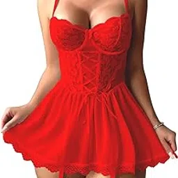 luxzii - a touch of luxury LUXZII Women’s Sexy Babydoll Dress Lingerie Set with Lace & Sheer Net | Adjustable Straps, Deep Neckline & Matching Panty | Romantic Honeymoon Nightwear for Women-picture-10