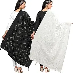 kemza Women's Embroidered Cotton Mirror Dupatta in Checks Pattern Pack of 2-picture-50