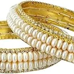 sri jagdamba pearls dealer Adorable Pearl Bangles (2.6) for Women & Girls | 2 Line White Pearl Gold Plated Bangles | Freshwater Pearls With Certificate Of Authenticity image 1