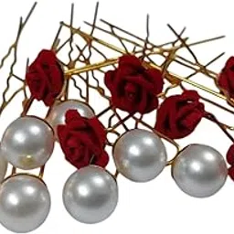 Bridal Hair Bun Pin Accessories/Fancy Golden Juda Pins with Artificial Red Rose and White Pearls for Women and Girls - Set of 16 PCs-image-62