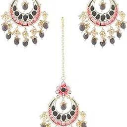 zaveri pearls Grey & Orange Meenakari Crescent Earring & Maangtikka Set For Women-ZPFK15370-picture-55