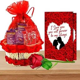 Midiron Valentines Day Unique Gift for Girlfriend/Boyfriend| Romantic Gift for Valentine's Week-Red Basket with Chocolate Basket, Artificial Red Rose & Love Greeting Card-picture-30