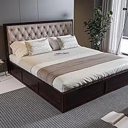 SABTA Craft Wooden Double Size Bed with Box Storage for Bedroom, Brown Upholstered Cushioned Headboard, Solid Sheesham Wood, Walnut Finish, Mattress Size: 78 X 48 in image 1