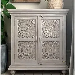 Decorative Storage Cabinet with Carved Sunburst Design 2-Door Solid Wood Cabinet in Grey Finish, Vintage Style Accent Furniture for Living Room, Bedroom, or Entryway Décor-picture-22