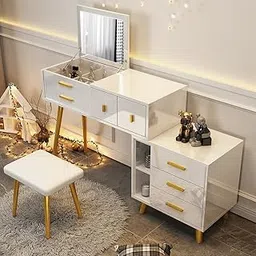Vandana Interiors Modern White Makeup Vanity Expandable Dressing Table with Cabinet&Drawers Mirror Included-image-56