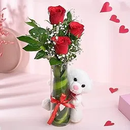 FlowerAura Love Combo Includes Fresh Live 3 Red Roses Flowers Bouquet In Glass Vase With Cute Teddy For Valentine's Day Gift, Birthday Gift, Anniversary Gift & Mother's Day Gift (Same Day Delivery)-image-36