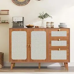 ND INTERNATIONAL Rattan Sideboard Buffet Cabinet with 2 Doors and 3 Drawers, Solid Wood Storage Cabinet with Cane Front, Walnut Finish Sideboard for Dining Room, Living Room, Entryway, Hallway-picture-18