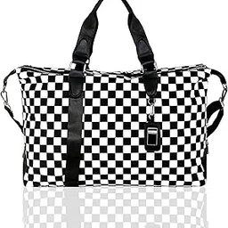 rever infinity Checkered Travel Duffle Bag, Black and White Satin, Detachable Shoulder Strap, Business Cabin Luggage Bag-picture-17