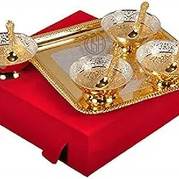 DSH Silver and Gold Plated Bowl Set for Wedding Anniversary Gift Item with Velvet Box (4 Bowl: 4 Spoon: 1 Tray) Set of 9-picture-29