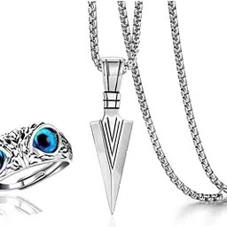Antique Combo Of Owl Ring Cat Eyes And Silver Arrow Chain for Men And Women-image-2