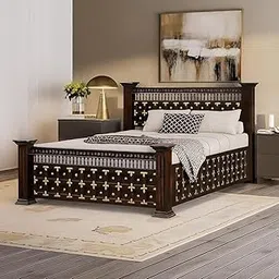 Wooden Point Solid Sheesham Wood King Size Bed with Brass Fittings Design, with Box Storage, Furniture for Bed, Living, Guest, Hotel Room Areas (Dark Walnut) A01-image-20