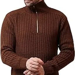 noquo Men's High Neck Zipper Pullover Sweater | 100% Acrylic Wool Ribbed Knit Winterwear | Full Sleeves, Regular Fit, Warm & Stylish Woolen Wear for Men (in, Alpha, M, Regular, Brown)-picture-31