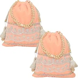 Dulhan Velvet Potli Bag with Pearl Handle | Sequin Tissue Lace Zari Tassels and Resham Dori | Peach Soft Padded Wedding Shagun Pouch for Return Gifts, Weeding, Winter and Festive Use (pack of 2)-picture-37