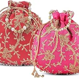 Kuber Industries Pack of 2 Potli Bags for Ladies & Girls | Shagun Pouches for Festive Seasons | Embroidery Batwa Bag Bridal Purse -Pink & Red-picture-33