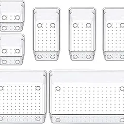 Snazzy Clear Plastic Makeup Storage Trays Drawer Dividers Bins Vanity Organizer For Bedroom Dresser Kitchen Utensil Office Desk Drawer Organizer Tray (Transparent, 7 Pcs)-picture-25