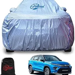 GARREGE® Waterproof Car Cover for Toyota Hyryder with Mirror and Antenna Pocket and Soft Cotton Lining (Full Bottom Elastic Triple Stitched & Metallic Silver with Black Piping Style)-picture-26