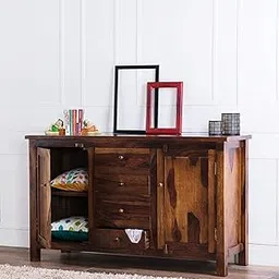 Wooden 4 Drawer 2 Doors Sideboard Cabinet Chest of Drawers for Living Room | Kitchen Storage Side Board | Sheesham Wood, Natural Fini (Brown)-image-3