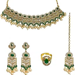 accessher Gold Plated Stones Statement Necklace Set with Earrings, Maangtikka & Finger Rings with a Pair of Comfortable Earring Supporter | For Women & Girls-picture-26