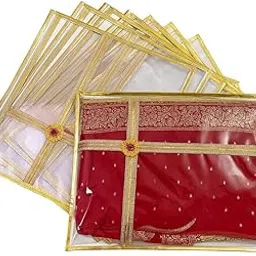 Premium Saree Storage Bags with Gold Border, Clear Transparent, Pack of 10, Garment Covers with Zipper Closure, Suit and Clothes Protection-picture-19