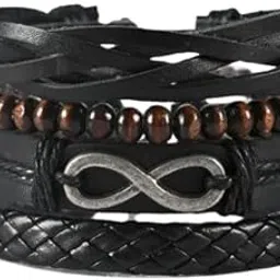 amaal Bracelets for Man Men Boys Girls Women Black Leather Bracelet for Men | Hand Adjustable Leather Wrap | Birthday Gift Husband Wrist | Hand Band for Boys | Fancy Stylish Accessories Silver Kada-picture-11