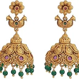 kushal's Fashion Jewellery Ruby-Green Gold Polished Push Back Jhumkis | Best For Bride, Bridemaids & Special Occasion | Earrings For Women - 426657 image 1