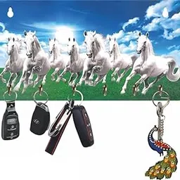 Wooden Wall Key Holder with 7 Horses Vastu Painting | Stylish Key Stand & Key Hanger for Home Decor 6 Hooks (Blue)-image-76