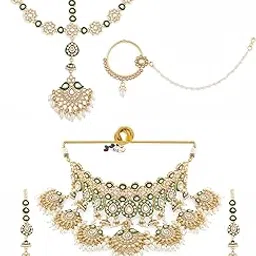 zaveri pearls Green Meenakari Kundan Bridal Necklace Earring Matha Patti & Nose Pin Set For Women-ZPFK21274-picture-21