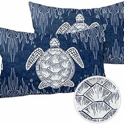DecorLovee Sea Turtle Waterproof Outdoor Pillow Covers, Decorative Pillow Cases, Navy Blue Coastal Coral Seaside Beach Lumbar Pillowcases Garden Throw Cushion Cases for Patio/Sofa/Couch 20"x12" 2 Pack-image-46